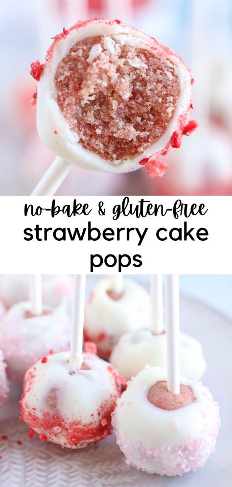 strawberry cake pops in white chocolate coating. Gluten Free Pink Desserts, Healthy No Bake Cake Pops, Healthy Cake Pops Recipe For Kids, Healthier Cake Pops, Dye Free Cake Pops, Eggless Cake Pops, Almond Flour Cake Pops, Low Carb Cake Pops, Vegan Gluten Free Cake Pops