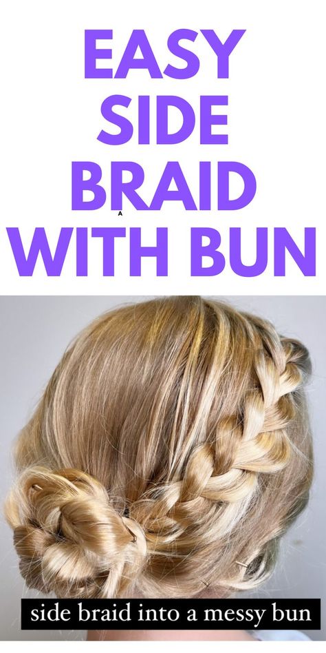 Simple Hairstyle: Cute Braid into a Bun - here is a cute and easy hairstyle for girls. This is a cute braid that wraps into a bun. School hairstyle that can be done in less than a minute. Side Braid To Bun, Easy Braid And Bun Hairstyles, Hair Braid Ideas Medium Length, Side Braid Bun Hairstyles, Side Braid Into Bun, Mom Braids Easy Hairstyles, Hairstyles For School With Braids, Bun With Braid Around It, Easy Braid Updos For Long Hair