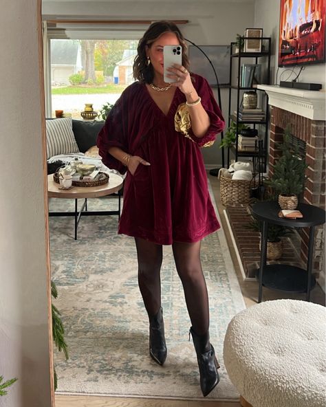 Velvet Dress With Mary Janes, Velvet Dress Tights, Velvet Dress Tights Outfit, Office Christmas Party Dresses, Mini Dress And Pantyhose Outfit, Velvet Mini Dress Outfit Winter, Christmas Dinner Outfits For Women, Christmas Minis Outfits, Curvy Holiday Outfits