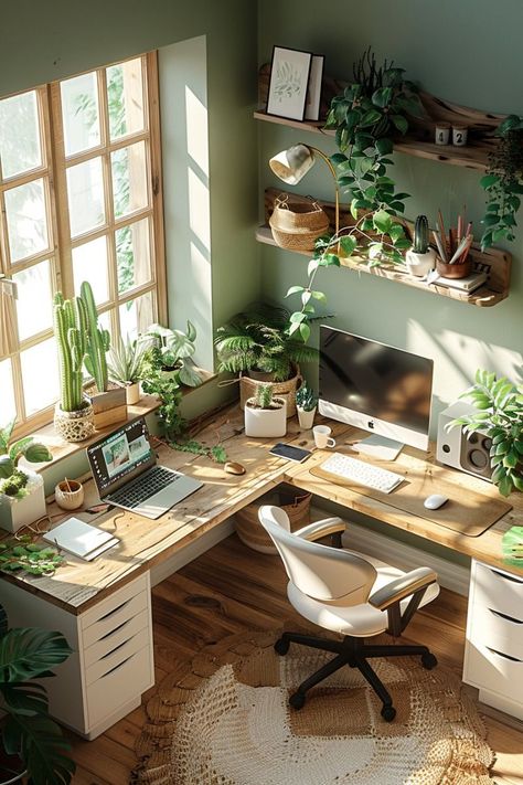 Relaxing Study Room, Small Design Studio Workspace, Office Inspo Workspaces, Home Office Boho Chic, Studio Ideas Office, Desk Setup Bedroom, Boho Office Space Workspaces, Boho Home Office Ideas, Desk In The Living Room