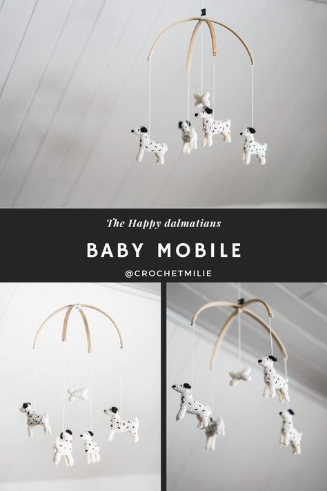 This adorable hanging mobile features 4 dalmatians crocheted with black and white real wool. It's perfect for dog's lover nursery theme. Dalmatian Themed Nursery, Dalmatian Nursery Ideas, 101 Dalmations Nursery Ideas, 101 Dalmatians Nursery, Dogs Nursery, Dalmatian Nursery, Dog Nursery Theme, Kids Rooms Inspo, Dog Nursery