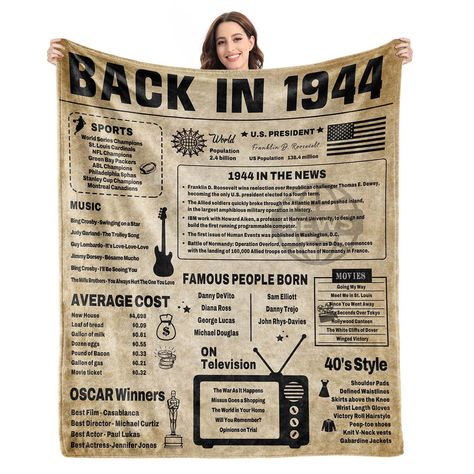 PRICES MAY VARY. 🎉80TH BIRTHDAY GIFTS FOR WOMEN - Happy 80th birthday! 80th birthday is a major milestone on the road and one that is definitely worth celebrating. The 80th birthday gifts blanket shows what happened in 1944 to add fun to your party and let you to go back to the day 1944 and cheers to 80 years.This flannel blanket is designed for your 80th birthday and perfect for expressing love and warmth to relatives and friends, Such as mother, dad, wife, husband,Brother, Sister, Grandparent Birthday Decorations Women, 40th Birthday For Women, 90th Birthday Decorations, 80th Birthday Decorations, 60th Birthday Decorations, Birthday Decorations For Men, 40th Birthday Gifts For Women, 50th Birthday Gifts For Woman, 50th Birthday Decorations