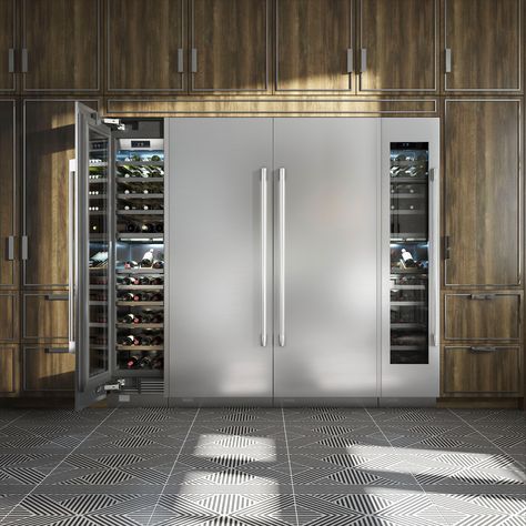 Ingeniously engineered with an emphasis on providing the perfect cave-like environment, our 24-inch wine refrigerator offers 3 zones of preservation perfection. Signature Kitchen Suite, Built In Wine Refrigerator, Big Refrigerator, Kitchen Suite, Custom Kitchens Design, Luxury Appliances, Built In Refrigerator, Wood Rack, Wine Refrigerator