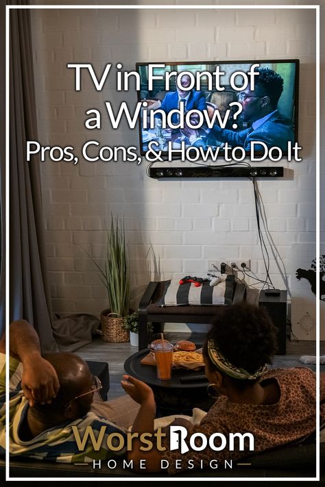 TV in Front of a Window? Pros, Cons, & How to Do It Tv Stand In Front Of Window Living Room, Curtain Wall Behind Tv, Tv Across From Window, Tvs In Front Of Windows, Tv Opposite Window, Tv In Front Of Curtains, Tv Unit In Front Of Window, Tv By Window, Tv Stand In Front Of Window