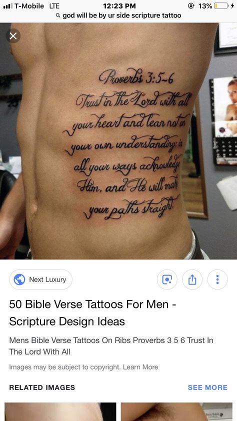 Rib Writing Tattoo Men, Bible Verse Rib Tattoo, Bible Scriptures Tattoos For Men, Bible Scripture Tattoos, Bible Verse Tattoos For Men, Rib Tats, Star Sleeve Tattoo, Bible Quote Tattoos, Rib Tattoo Quotes