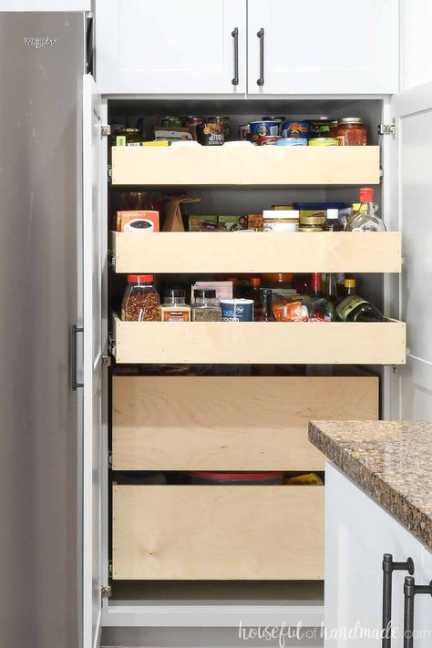 Diy Pantry Cabinet With Pull Out Shelves, Diy Kitchen Slide Out Shelves, Deep Pull Out Drawers Kitchen, Closet Pantry With Drawers, Diy Deep Pantry Shelves, Diy Sliding Pantry Shelves, Diy Kitchen Pull Out Drawers, Kitchen Cabinet Drawers Diy, Pull Out Cabinet Drawers Diy