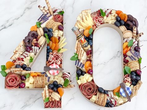 40th Food Ideas, Charcuterie Board For 40th Birthday, 40th Birthday Desert Table, 40th Birthday Brunch For Men, 40 Birthday Charcuterie Board, Number 40 Charcuterie Board, 40th Birthday Snacks, Rock And Roll Charcuterie Board, Charcuterie Board In Numbers