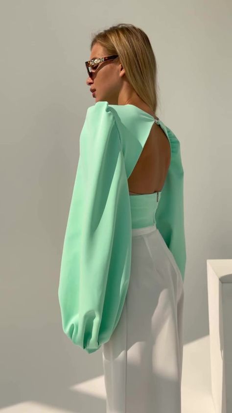 Fabric: Crepe Viscose 50%, Polyester 40%, Elastane 10% Puffed sleeves V-neck Backless Crepe Top Styles, Mini Dress Outfit Party, Mint Outfit, Puff Blouse, Dress Patterns Diy, Mini Dress Outfit, Dress Name, White Mini Dress Outfit, African Inspired Clothing