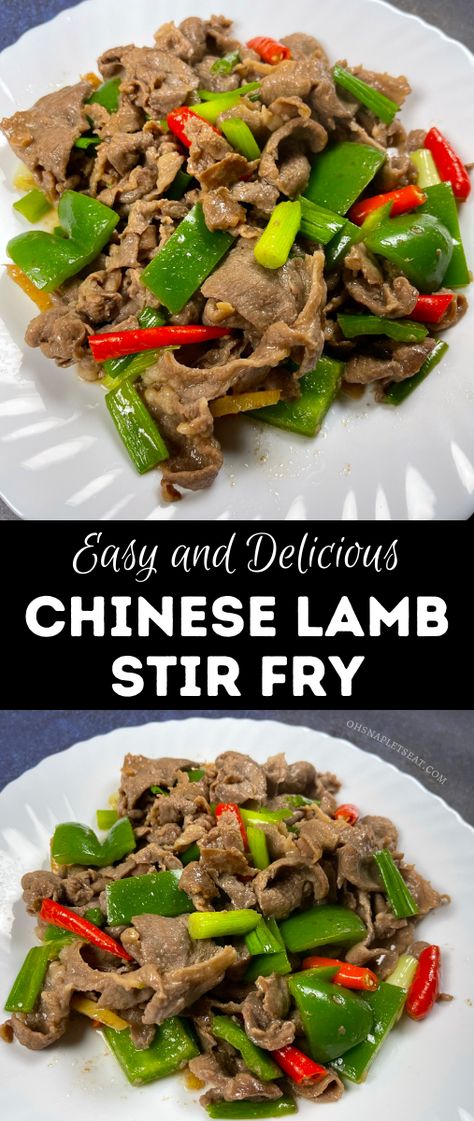 Marinated sliced lamb stir fried with ginger, scallions and green peppers! Learn how to make Lamb Stir Fry with this easy recipe! Lamb Slices Recipe, Sliced Lamb Recipes, Korean Lamb Recipe, Lemon Pepper Chicken Stir Fry, Stir Fry With Peppers, Lamb Stir Fry Recipes, Chinese Steak And Peppers, Beef And Snow Pea Stir Fry, Orange Ginger Steak Stir Fry Pioneer