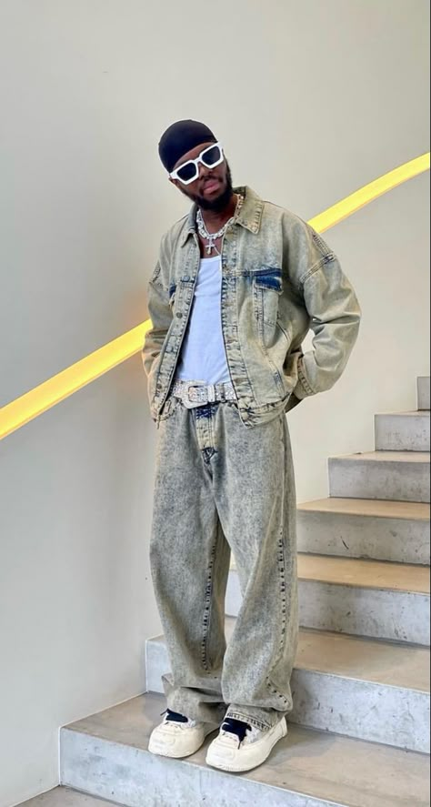 Demin Outfits Men, Boohooman Outfits Men, Manly Outfit, Men Outfits Drip, Denim On Denim Outfit Men, Miranda Presley, Clothing Styles Men, Outfit Streetwear Men, Rick Owens Outfit Men