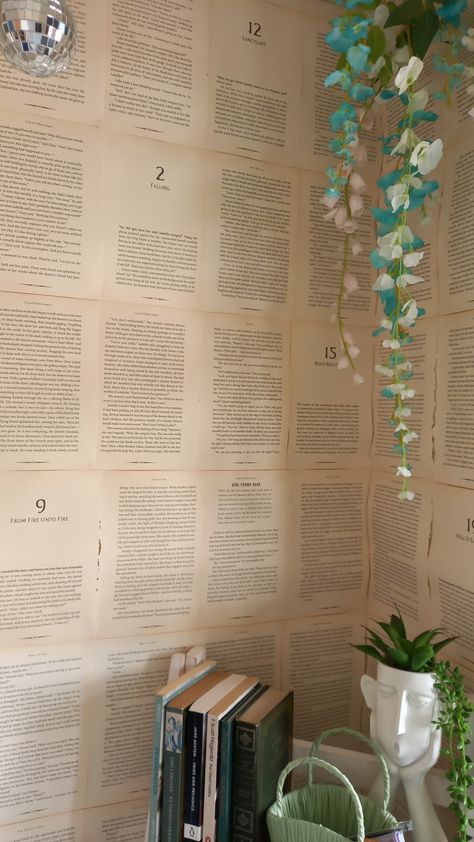 book page wall #aestheticdecor #library #bookworm #aestheticroom #bookpages #bookdecor #booktok #bookcorner Book Page Bedroom Wall Decor, Aesthetic Wall Arts, Wall Book Pages Decor, Room Decor Ideas Bookworm, Book Wallpaper Bedroom, Decorative Leaves Bedroom, Book Themed Room Bedrooms, Bookworm Room Decor, Literature Room Decor