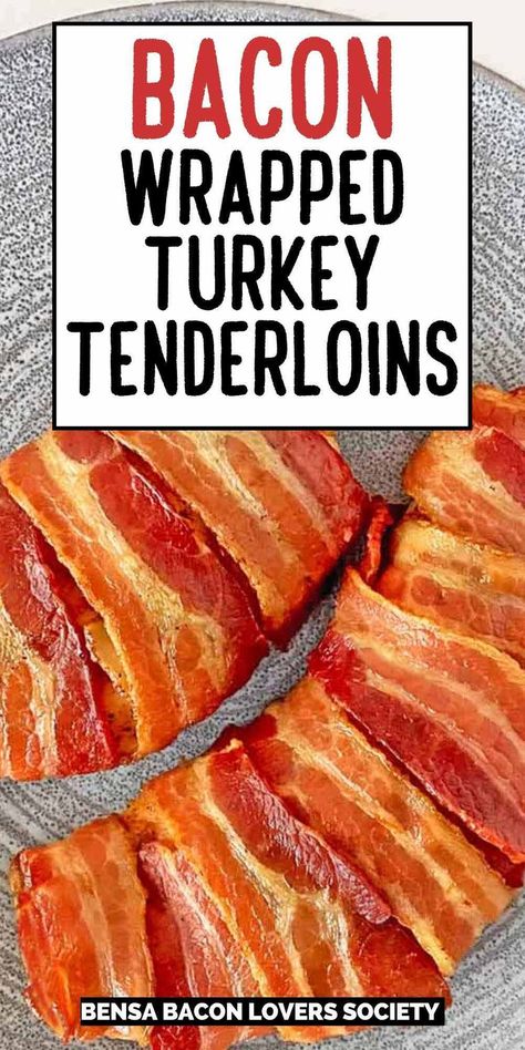 This easy Bacon Wrapped Turkey Tenderloins recipe only takes about an hour to make! Perfect proportions for a smaller Thanksgiving dinner or holiday party, the savory turkey is seasoned, wrapped in tasty bacon, and oven cooked to golden brown, crispy perfection! #turkeytenderloin Bacon Wrapped Turkey Tenderloin, Turkey Tenderloin Recipes Oven, Smoked Turkey Tenderloin, Bacon Thanksgiving Recipes, Turkey Wrapped In Bacon, Tenderloin Recipes Oven, Bacon Wrapped Turkey, Turkey Tenderloins, Bacon Wraps