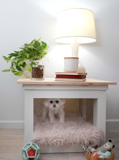 Dog Bed Made From Upcycled End Table End Table With Dog Bed, Night Stand Pet Bed, Nightstand With Dog Bed, Dog Side Table, Night Stand Dog Bed, Dog Bed Bedside Table, Upcycle End Table, Minecraft Dog Bed Ideas, Doggie Bedroom