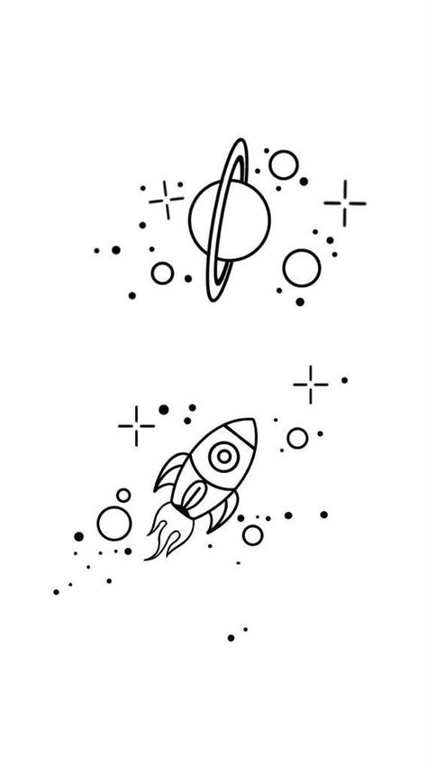 Rocket And Planet Couple Tattoo, Rocket And Planet Tattoo, Space Themed Tattoos Simple, Galaxy Design Tattoo, Planet Outline Tattoo, Tiny Rocket Tattoo, Small Rocket Ship Tattoo, Saturn Outline Tattoo, Outer Space Tattoos Simple