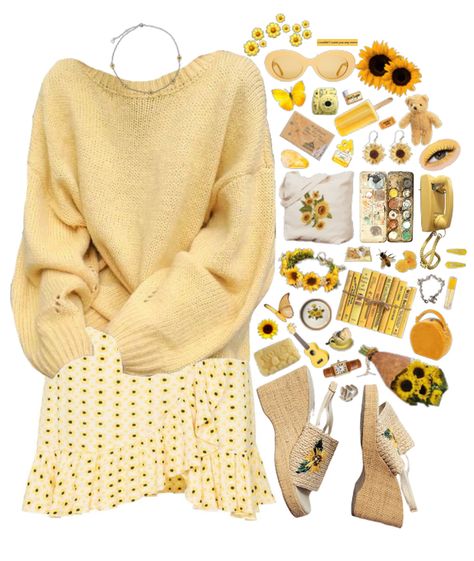 Sun Flower Outfit, Sunflower Outfit Ideas, Suncore Aesthetic Outfits, Sunflower Inspired Outfit, Sunflower Aesthetic Outfit, Sunshine Aesthetic Outfit, Sunshine Girl Aesthetic Outfits, Very Feminine Outfits, Sun Aesthetic Clothes