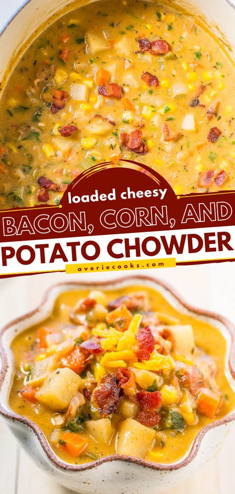 Cheesy Corn Chowder Pioneer Woman, Potato Corn Chowder Crock Pot, Stuff Potatoes, Bacon Potato Corn Chowder, Cheddar Chowder, Corn And Potato Chowder, Cheesy Bacon Potatoes, Bacon Corn Chowder, Bacon Corn