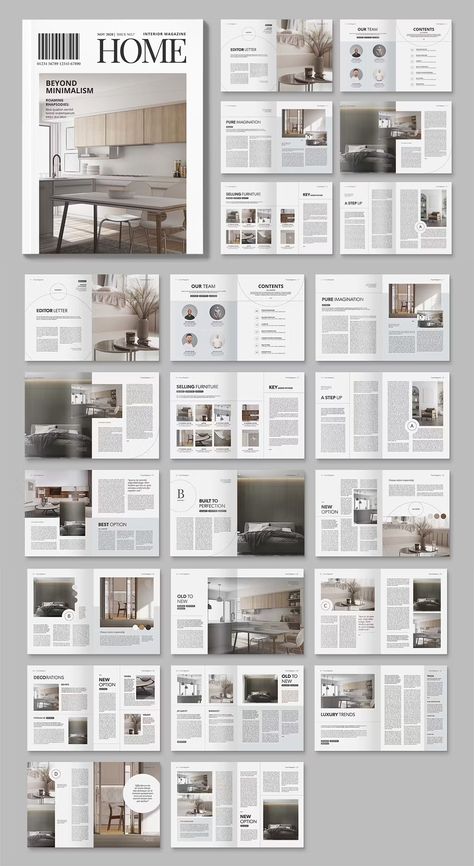 Interior Design Magazine Template InDesign INDD Indesign Layout Interior Design, Simple Magazine Layout Design, House Magazine Layout, Indesign Templates Architecture, Magazine Lay Out Design, Magazine Cover Interior Design, Home Magazine Design, Home Decor Magazine Layout, Magazine Layout Design Architecture