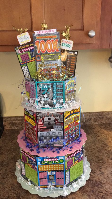 Lottery ticket cake for a jack and Jill raffle Lottery Ticket Cake, Lottery Ticket Gift, Diy Christmas Gifts For Boyfriend, Hadiah Valentine, Raffle Basket, Boyfriend Gift Basket, Raffle Baskets, Creative Money Gifts, Lottery Ticket