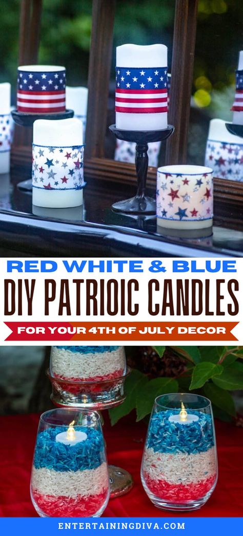 5 Easy And Inexpensive Ways To Make 4th of July Candles | Holidays and Events 4th Of July Decor Ideas, 4th Of July Party Ideas Decorations, 4th Of July Diy Decor, Diy 4th Of July Decorations, Patriotic Decor Ideas, Patriotic Table Decor, Simple Table Decorations, Terrarium Candle, Summer Outdoor Decor