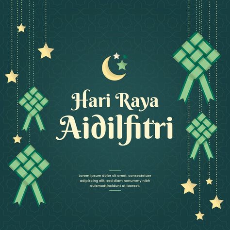 Hari raya aidilfitri ketupat and moon Fr... | Free Vector #Freepik #freevector #design Hari Raya Poster, Hari Raya Wishes, Hari Raya Aidilfitri, Raya Aidilfitri, Eid Mubarak Banner, Eid Background, Eid Mubarak Greeting Cards, Eid Mubarak Card, Eid Card Designs