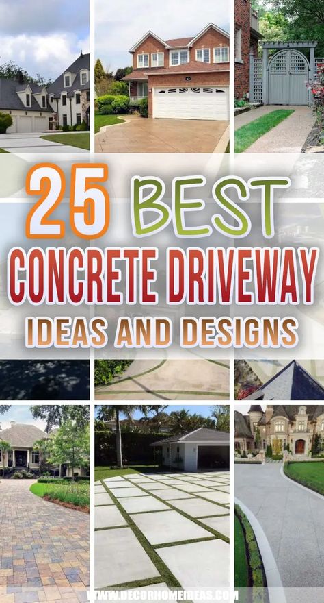 Concrete Driveway Landscaping Ideas, Driveway Remodel Before And After, Concrete Design Driveway, Curved Driveway Ideas Front Yard Landscaping, Modern Driveways Concrete, Stamped Driveway Ideas, 4 Car Driveway Ideas, Concrete Driveway Alternatives, Concrete Driveway Ideas Curb Appeal