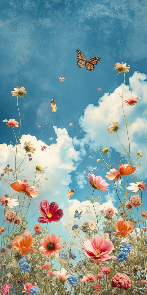 Spring Art Wallpaper Iphone, Dreamy Butterfly Aesthetic, Spring Iphone Wallpapers, Bright Flowers Wallpaper, Floral Butterfly Wallpaper, Soft Spring Aesthetic Wallpaper, Spring Background Wallpapers Iphone, Iphone Floral Wallpaper, Whimsical Iphone Wallpaper