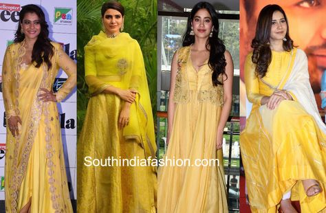 Yellow Is The Color Of The Season – 10 Celebrities Who Looked Stunning In Yellow!! Celebrities In Yellow, Yellow Outfit Indian, Lemon Yellow Lehenga, Floor Length Jacket, Gaurang Shah, Ombre Dupatta, Mustard Yellow Outfit, Gown Anarkali, Sheer Shrug