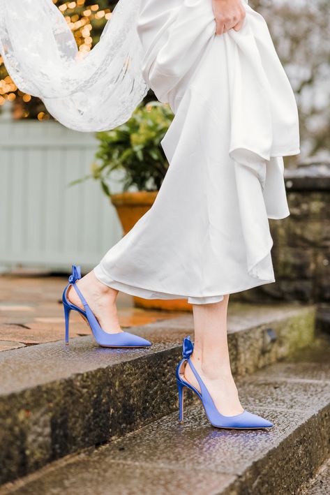 Wedding Dress With Coloured Shoes, Wedding Shoe Ideas Unique, Wedding Blue Shoes For Bride, Wedding Color Shoes, Wedding Shoes Colourful, Blue Wedding Shoes Bride, Pop Of Color Wedding Shoes, Wedding Dress With Red Shoes, Colored Bridal Shoes