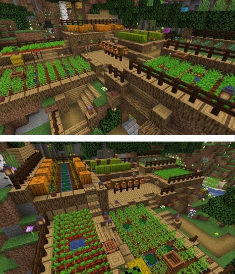 Minecraft Farm On Hill, Minecraft Melon Farm Design, Minecraft Hillside Farm, Pumpkin And Watermelon Farm Minecraft, Minecraft Water Farm, Sugarcane Farm Minecraft Aesthetic, Hillside Minecraft House, Minecraft Sweet Berries Farm, Potato Farm Minecraft