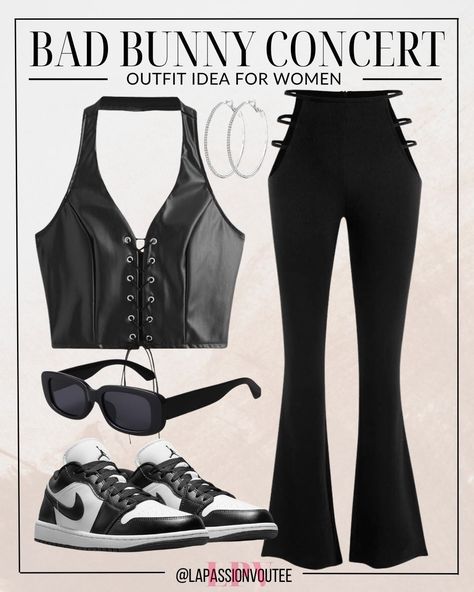 Make a statement at the concert in this bold ensemble! Rock cut-out flare pants with a faux leather tie-front halter top for a daring look. Complete the outfit with hoop earrings, stylish sunglasses, and comfy sneakers for a perfect blend of edgy and chic. Get ready to own the night!  outfit trap | cowgirl | 2024 | concert outfit 2024 | country look | western Trap Cowgirl Outfits, Outfit With Hoop Earrings, Bad Bunny Concert Outfit, Look Western, Comfy Sneakers, Leather Tie, Cowgirl Outfits, Stylish Sunglasses, Bad Bunny