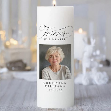 "Forever in our Hearts" Memorial, Name, Photo Pillar Candle | Zazzle Candle Modern, Forever In Our Hearts, Memorial Candle, Memorial Signs, Selling Candles, Unity Candle, Name Photo, Custom Candles, Beautiful Candles