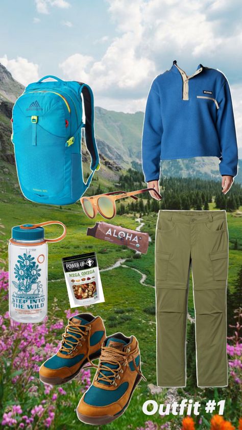 Blue Fleece Jacket. Olive green cargo pants that are lightweight and provide comfort. Tan and blue hiking boots. Clear Nalgene water bottle with a blue floral design. Snacks. Sunglasses Day Hike Outfit, Hike Outfit, Fall Weather, Day Hike, Hiking Outfit, Spring And Fall, Spring Outfits, Hiking