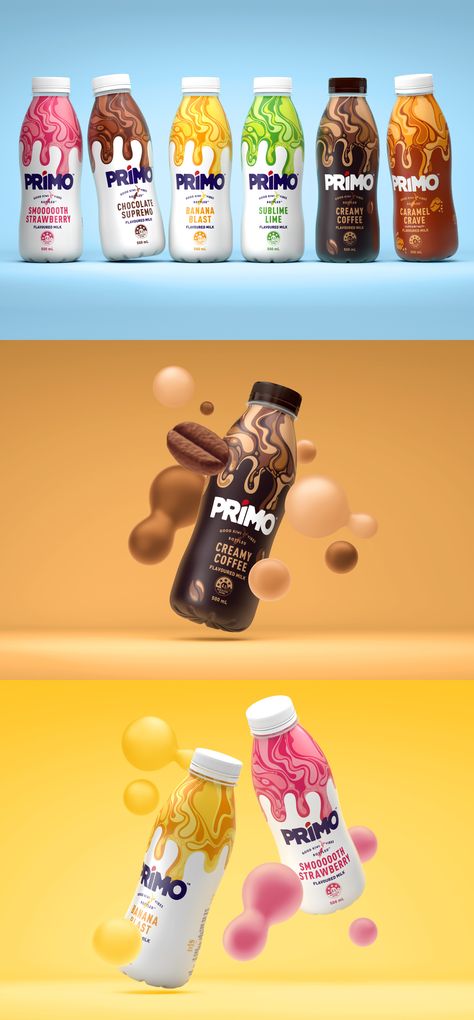 Unified Brands - Unified Brands Update Kiwi Flavoured Milk Brand Primo – The Primo team came to us to design an exciting limited edition coffee range. This new offer had to feel part of the brand family but clearly stand out, to garner the attention it needed in the high impulse category of flavoured milk. – #dairy #agency #branddesign #brandidentity #packagingdesign #graphicdesign #designawards #wbds Flavoured Milk Packaging, Flavored Milk Packaging, Coffee Product Design, Milk Bottle Design, Milk Flavors, Milk Branding, Milk Packaging Design, Beer Bottle Design, Dairy Brands