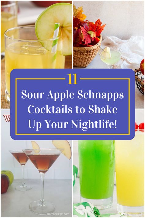 Collage of 4 sour apple schnapps cocktails. Apple Schnapps Drinks Cocktail Recipes, Pucker Sour Apple Drinks, Sour Apple Cocktail Recipes, Apple Schnapps Drinks, Sour Apple Schnapps Drinks, Sour Apple Cocktails, Sour Apple Pucker Drinks, Apple Drinks Alcohol, Apple Pucker Drinks