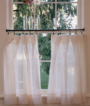 Thinking of doing a half/tiered curtain in living room. Like the idea of using drapery hooks so the window can be opened easily in the morning with tiebacks. Wondering if they are using a tension rod, really like the style. Bathroom Window Coverings, Window Diy, Kitchen Sink Window, Bathroom Window Curtains, Bathroom Window Treatments, Kitchen Window Curtains, Tension Rods, Bathroom Window, Country Curtains