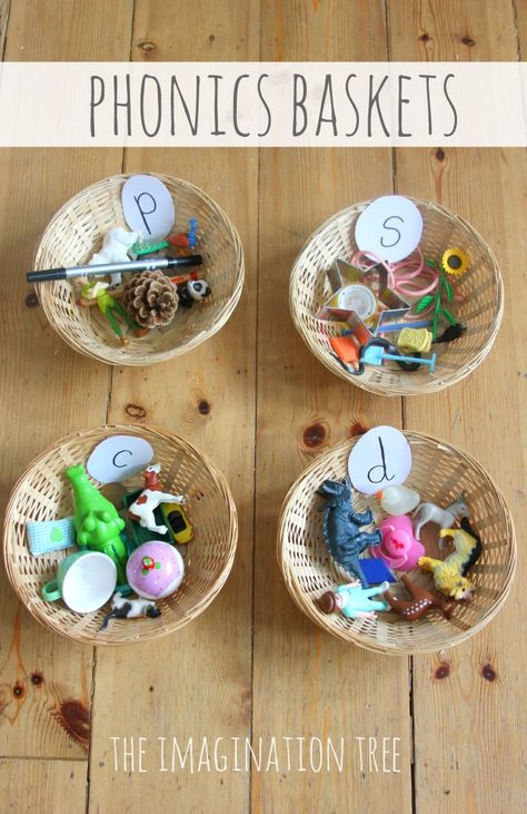 Phonics/Alphabet Baskets Sorting Activity- for independent practice station or reading station Sorting Baskets, Phonics Alphabet, Fun Phonics Activities, Phonics Activity, Maluchy Montessori, Imagination Tree, Eyfs Activities, Nursery Activities, Jolly Phonics