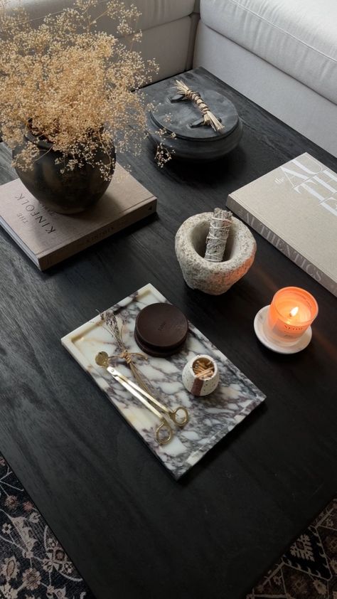 Bedroom Coffee Table Decor, Decorate Black Coffee Table, Coasters Living Room, Living Room Coffee Table Styling, Rectangle Coffee Table Styling Bohemian, Cool Coffee Table Decor, Coffee Table Styling Organic Modern, Black Square Coffee Table Decor, Black Round Coffee Table Styling