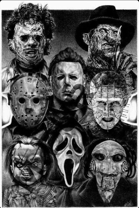 Horror Movie Tattoos, Movie Villains, Helloween Wallpaper, Bauch Tattoos, Movie Tattoos, Scary Movie Characters, Scary Tattoos, Horror Villains, Theme Tattoo