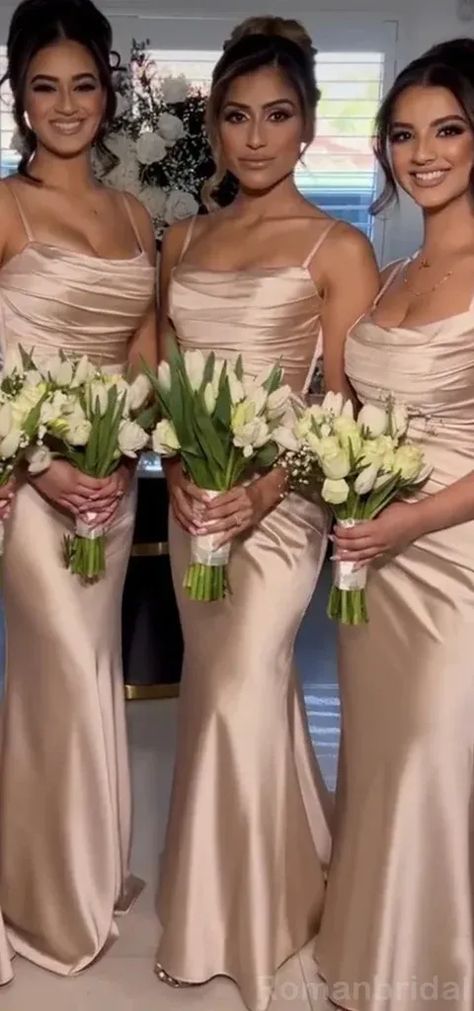 Sexy Taupe Spaghetti Straps Mermaid Satin Long Bridesmaid Dresses Onli – RomanBridal #bridesmaiddresses #satinbridesmaiddresses #longbridesmaiddresses #bridesmaiddressesonline #bridesmaid #weddingidea Antique Gold Bridesmaid Dresses, Diamond Bridesmaid Dresses, Champagne Bridal Party Dresses, Timeless Bridesmaid Dress Color, Fall Bridal Colors, Light Champagne Bridesmaid Dresses, Silk Champagne Bridesmaid Dresses, Sage And Champagne Wedding Colors, Fall Wedding Colors Bridesmaid Dresses