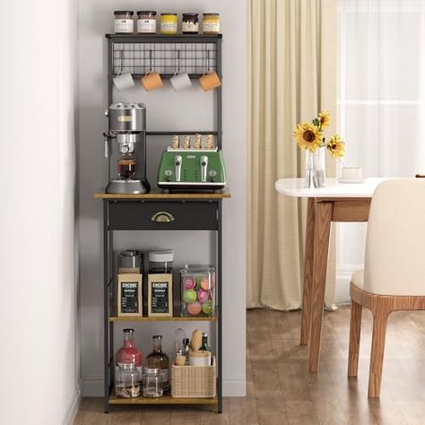 5 Tier Coffee Bar Station with Drawer, Coffee Stand with 4 S-Shaped Hooks, Farmhouse Corner Coffee Bar Cabinet for Small Spaces, Bakers Rack for Kitchen, Living Room, 13.43"D x 18.93"W x 53.31"H Corner Coffee Bar, Corner Coffee, Coffee Bar Cabinet, Coffee Bar Station, Coffee Stand, Bar Stand, Microwave Stand, Bar Station, Coffee Bars In Kitchen