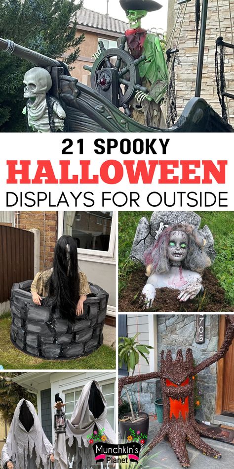 spooky halloween displays outside Halloween Outdoor Ideas Yard Decorations, Halloween Graveyard Display, Halloween Driveway Entrance, Yard Decor Halloween Diy, Pennywise Yard Decoration, Funny Halloween Displays, Front Yard Halloween Themes, Creepy Halloween Yard Decorations, Easy Yard Halloween Decorations