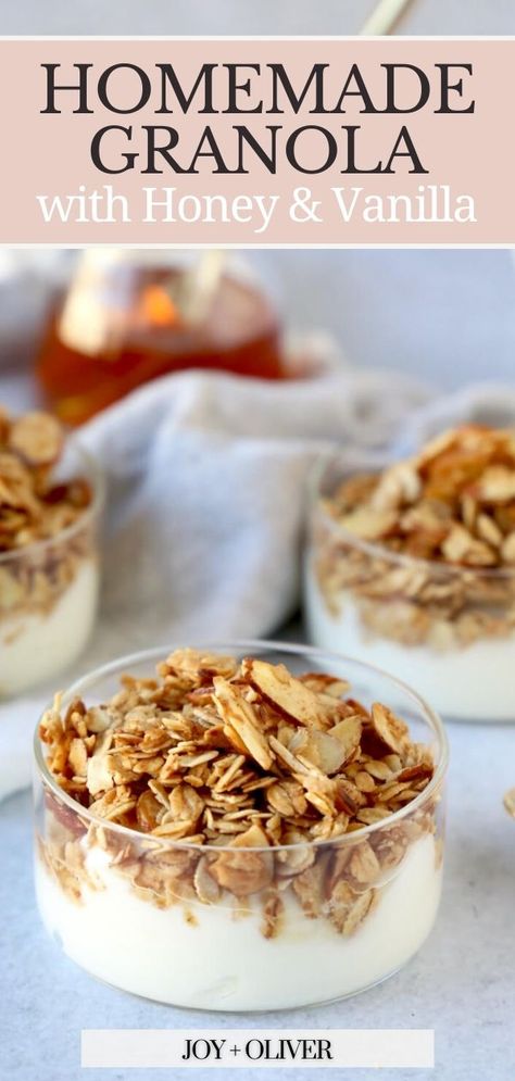 Homemade Granola with Honey and Vanilla is a perfect way to start your day or a great midday snack. Made with gluten-free oats, sliced almonds, cinnamon, unsalted butter, brown sugar, honey, and vanilla bean, granola is so versatile and can be enjoyed in so many ways. This Granola is the perfect addition to a yogurt parfait or over a bowl of fresh fruit. It is crunchy, chewy, sweet, and full of honey and vanilla flavor. Honey Vanilla Granola Recipe, Honey Vanilla Granola, Yogurt With Honey And Granola, Homemade Vanilla Granola, Homemade Granola For Yogurt, Gronala Recipes, Vanilla Granola Recipe, Honey Granola Recipe, Granola Balls