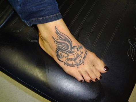 Girly Black And Grey Bird Tattoo On A Foot By  by kmgsucks Tattoo On Foot For Women, Black And Grey Bird Tattoo, Mandala Foot Tattoo, Swallow Bird Tattoos, Cute Foot Tattoos, Bird Tattoo Men, Red Bird Tattoos, Tiny Bird Tattoos, Grey Bird