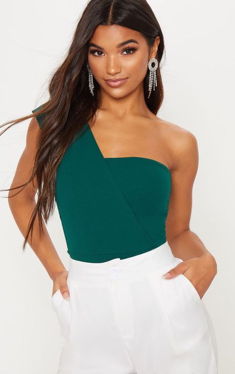 Emerald Green Bodysuit, Green Bodysuit Outfit, Emerald Green Top, One Shoulder Bodysuit, Green Bodysuit, Bodysuit Tops, Outer Women, Date Outfit Casual, Dance Tops