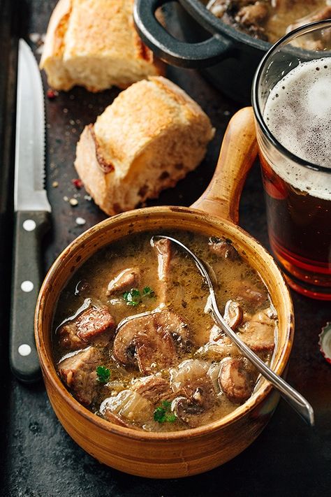 Steak and ale soup with mushrooms is savory comfort in a bowl, filled with tender ribeye steak and kissed with a hint of ale! | thecozyapron.com #steakandalesoup #steakandalesoupwithmushrooms Steak And Ale Soup, Soup With Mushrooms, Steak Soup, Food Specials, Steak And Ale, Winter Soup, Soup And Stew, Bowl Of Soup, Delicious Soup