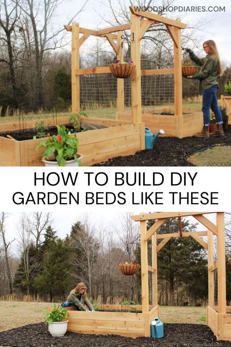 Raised Bed And In Ground Garden, Raised Garden Beds With Arbor, Raised Flower Beds With Trellis, Garden Boxes Raised With Trellis, Raised Garden Bed With Arbor, Raised Bed With Arch Trellis, Simple Garden Plans, Raised Bed Garden Trellis, Raised Garden Bed Blueprints