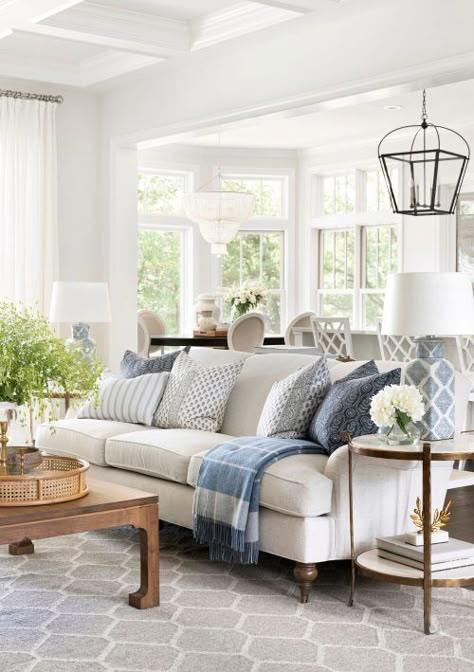 Bria Hammel Interiors Kitchens, Hamptons Chic Decor, Cottage Hamptons Style, Transitional Blue Living Room, Neutral Living Room With Blue Accents, Coastal Couches, Hamptons Style Christmas, Coastal Living Rooms With Dark Wood, Lake Home Interior