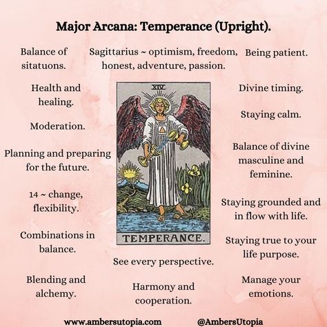 Temperance, in upright position from the Major Arcana suit in the tarot deck and its meanings, including the astrology and numerology meanings.

#Temperance #MajorAcarna #TarotCardMeanings #Tarot The Temprence Tarot Meaning, The Temperance Tarot Meaning, Temprence Tarot Card, Temprence Tarot Meaning, Temperance Tarot Tattoo, Temperance Tarot Card Meaning, Temperance Meaning, Temperance Tarot Meaning, Numerology Meanings