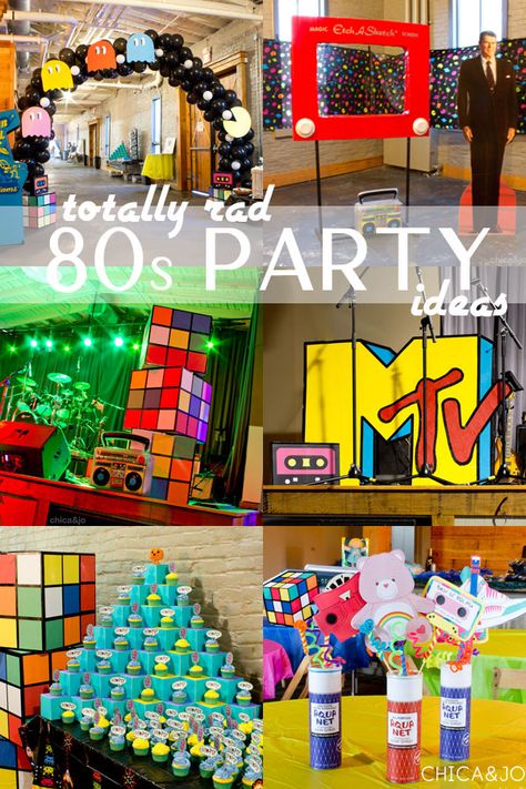 Diy 80s Theme Party Decorations, 80s Theme Decor, 80s Prom Ideas, 80s Decor Party, Decades Theme Party Decoration, 1983 Party Ideas, 90s Decorations Party Diy, 80s Themed Halloween Party, 80s And 90s Theme Party