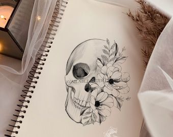 Floral Skull Tattoos, Skull Tattoo Flowers, Printable Stencil, Feminine Skull Tattoos, Printable Tattoos, Skull With Flowers, Shop Tattoo, Clock Tattoo Design, Star Tattoo Designs